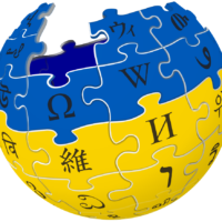 Logo de Wikipédia aux couleurs de l'Ukraine (jaune et bleu)