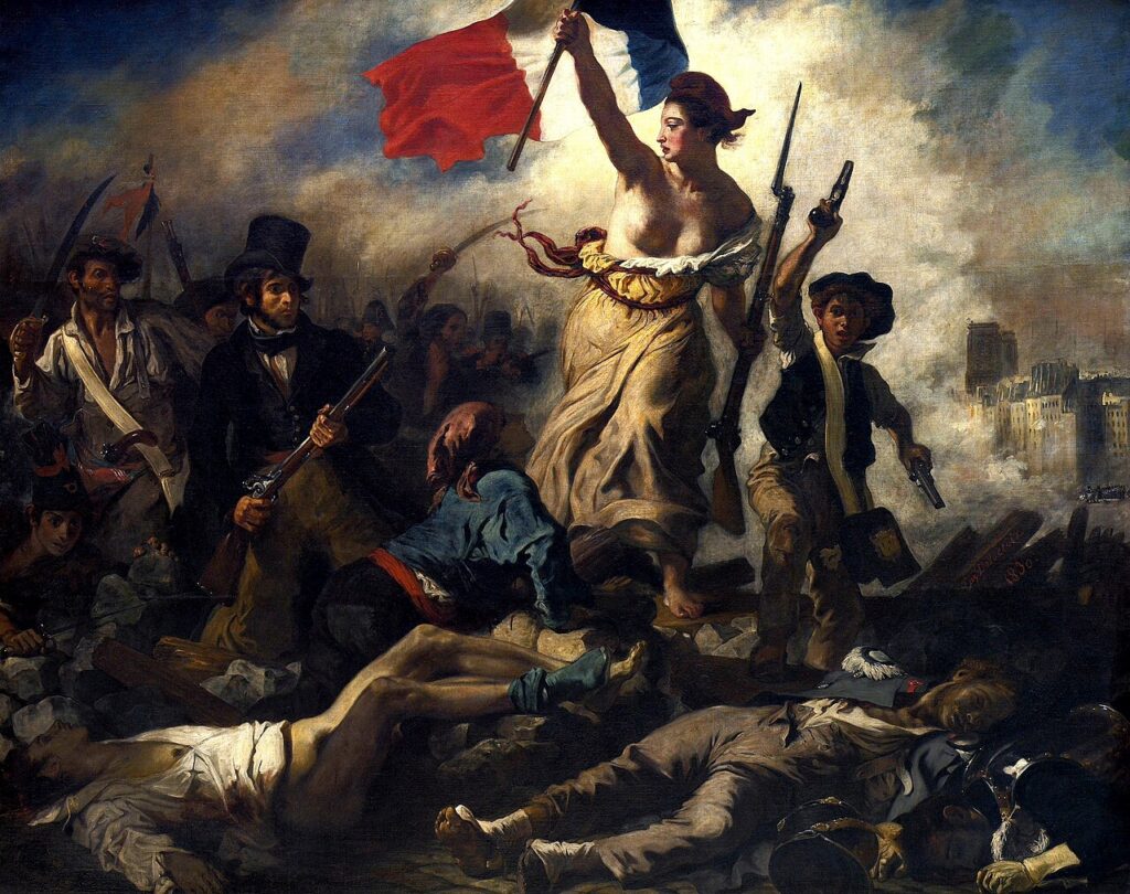 Reproduction d'un tableau dans le style du romantisme. Le théâtre représenté est un théâtre de guerre pendant la révolution française de juillet 1830. Au centre la déesse de la liberté avec le drapeau tricolore français à la main droite levée. 